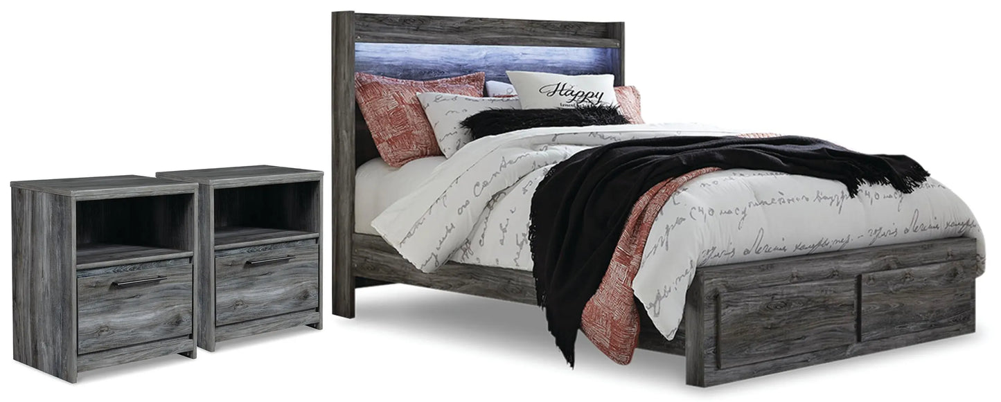 Cama Queen con almacenamiento y dos mesitas de noche Baystorm