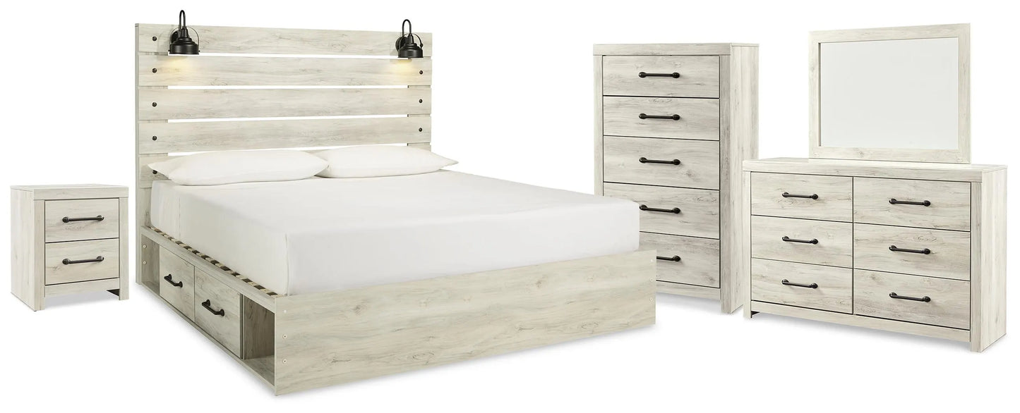 Cama King Cambeck con almacenamiento, tocador, espejo, cómoda y mesita de noche