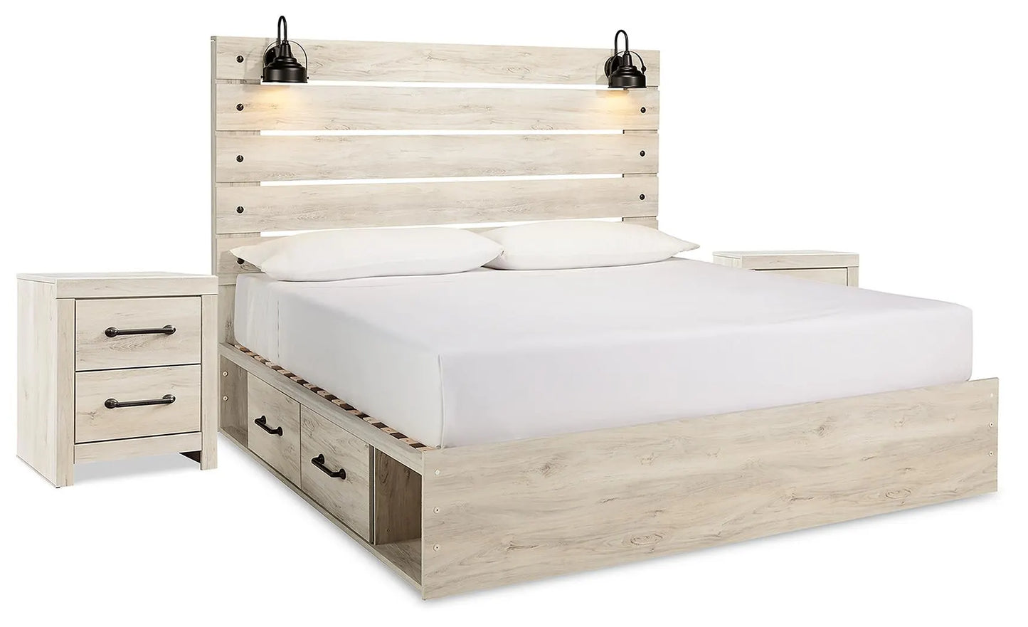 Cama King Cambeck con paneles, espacio de almacenamiento y dos mesitas de noche