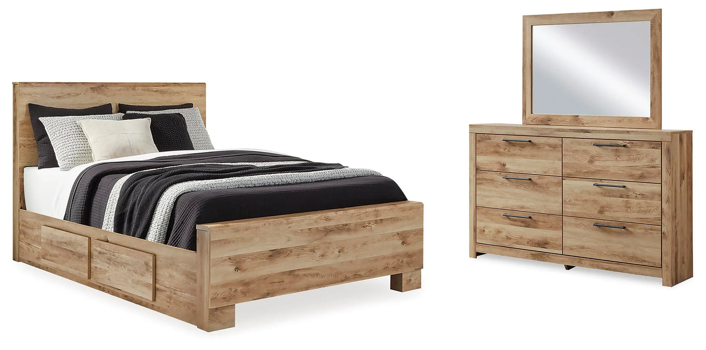 Cama Queen Hyanna con dos cajones laterales, cómoda y espejo