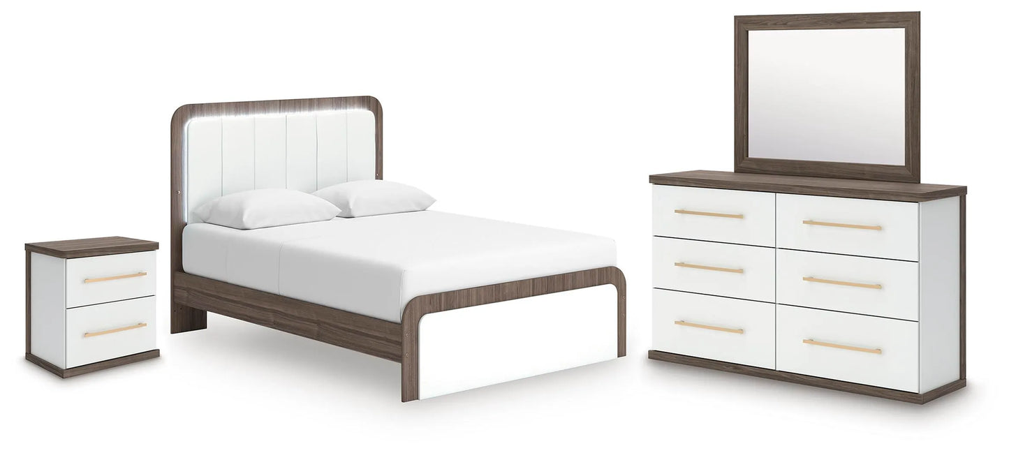 Mazilar Queen Upholstered Bed, Dresser, Mirror and Nightstand