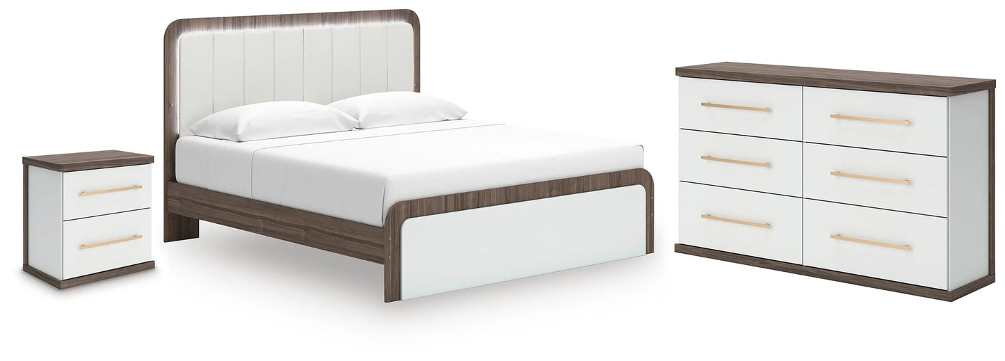 Mazilar King Upholstered Bed, Dresser and Nightstand