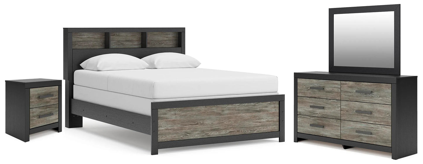 Jonnifer Queen Bookcase Panel Bed, Dresser, Mirror and Nightstand