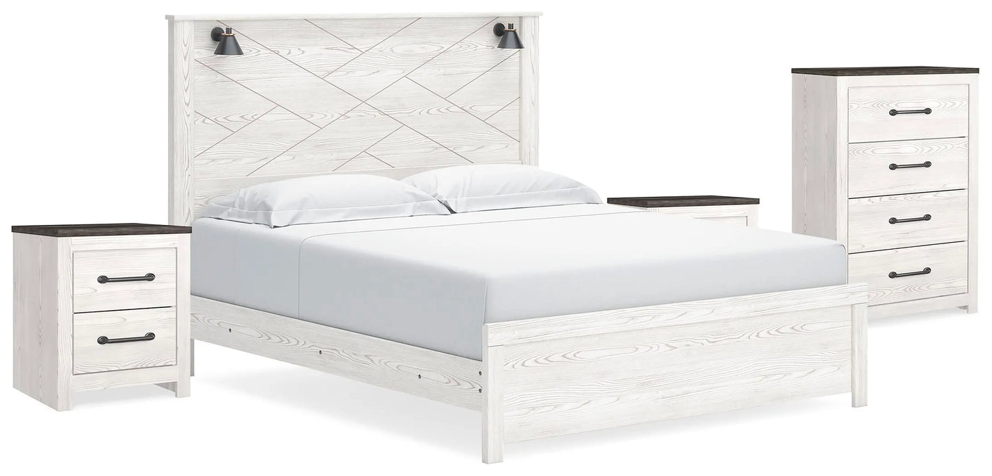 Cama King con paneles Gerridan, cómoda y dos mesitas de noche
