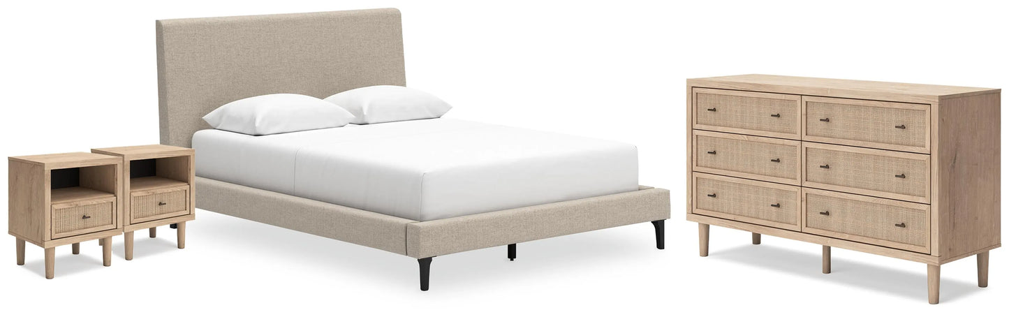 Cama tapizada Cielden Queen, cómoda y dos mesitas de noche