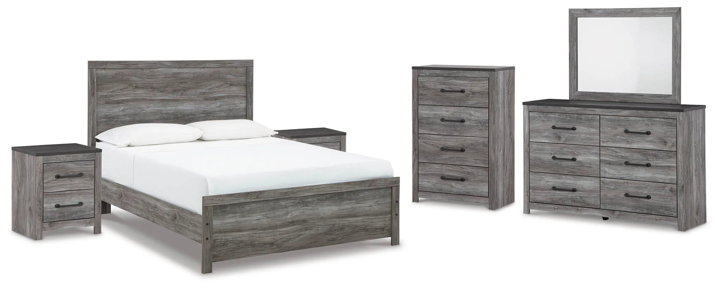 Cama Queen Bronyan con paneles, tocador, espejo, cómoda y dos mesitas de noche