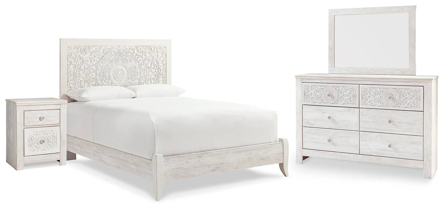 Cama Queen con paneles, tocador, espejo y mesita de noche Paxberry