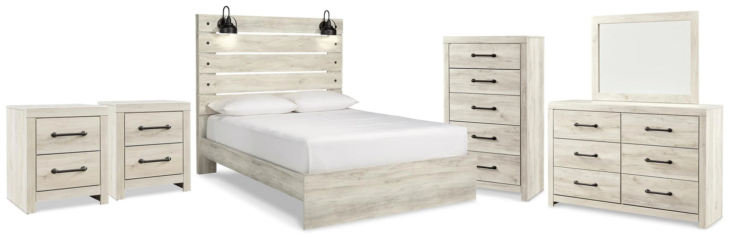 Cama Queen Cambeck con paneles, tocador, espejo, cómoda y dos mesitas de noche