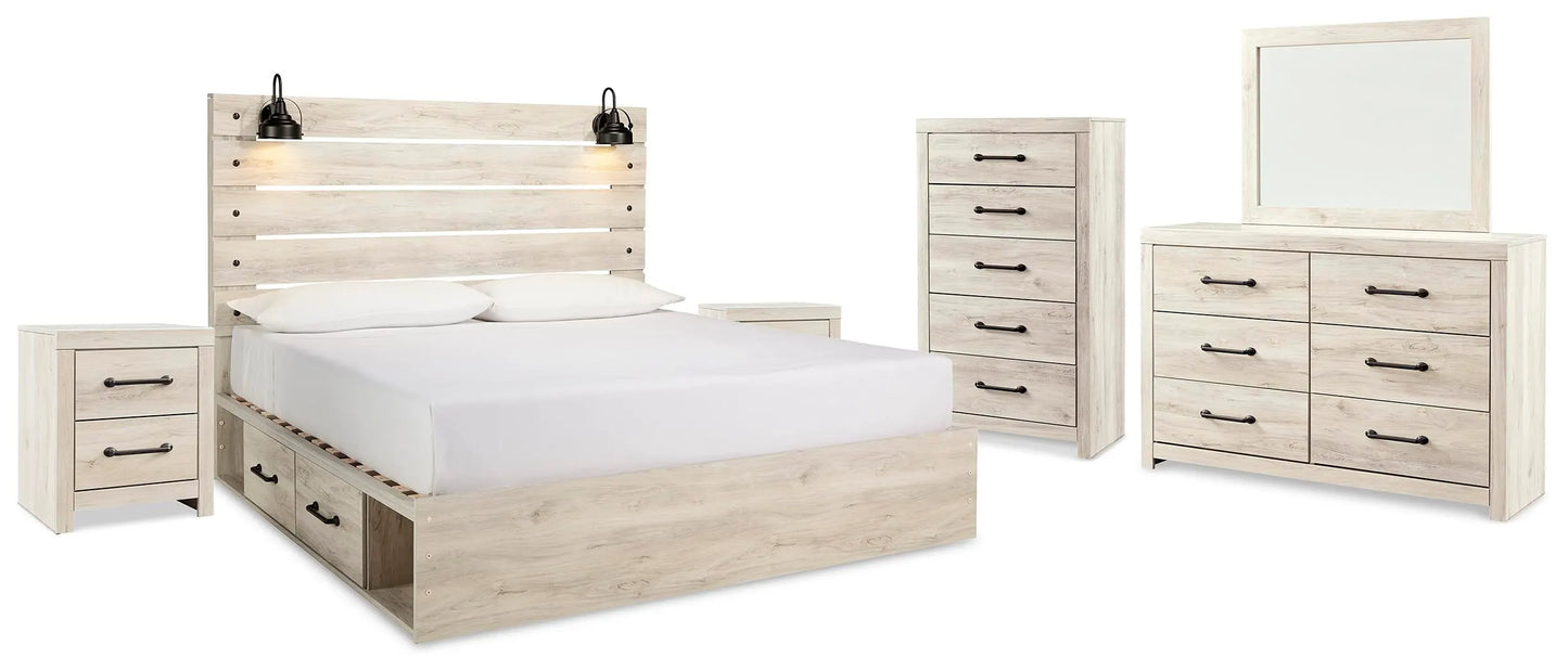 Cama King Cambeck con espacio de almacenamiento, tocador, espejo, cómoda y dos mesitas de noche