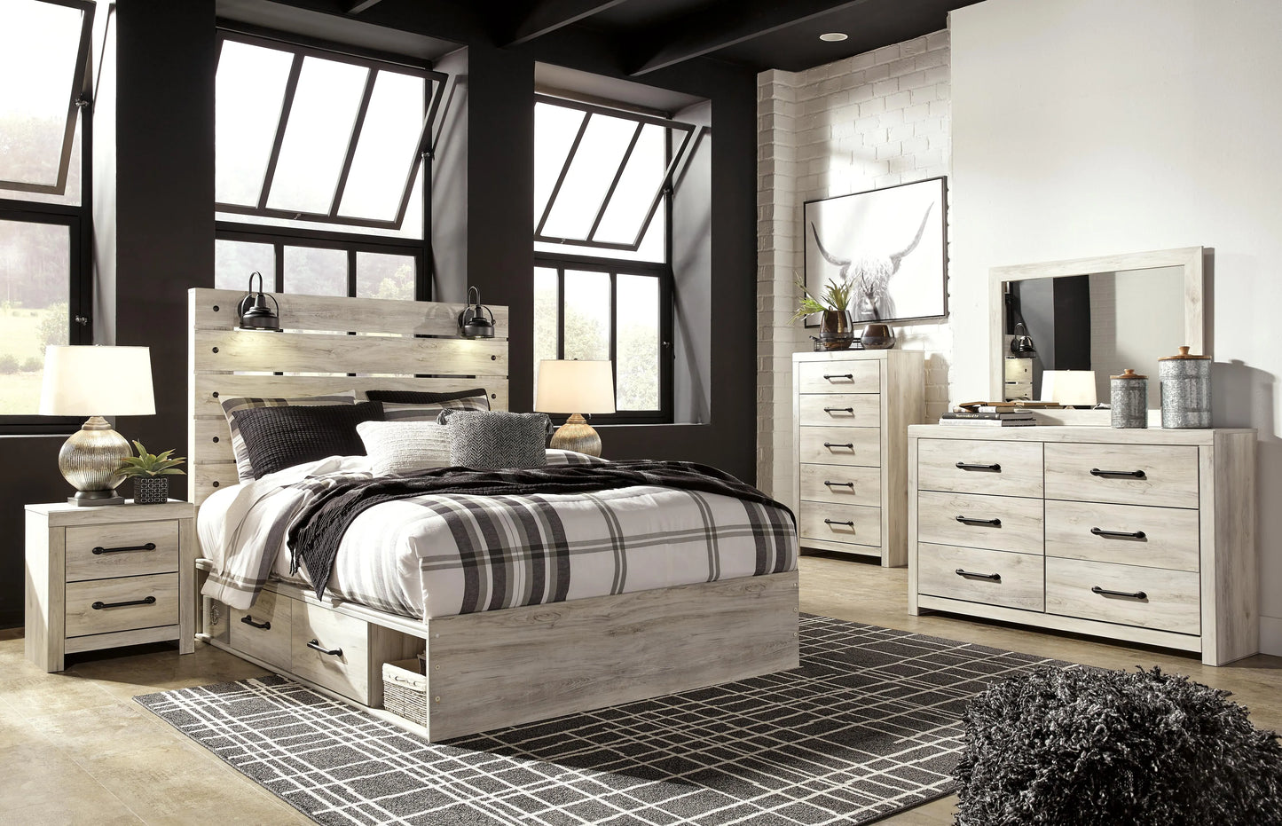 Cama Queen Cambeck con almacenamiento, tocador, espejo, cómoda y dos mesitas de noche