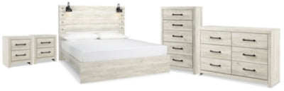 Cama King Cambeck con paneles, cómoda, arcón y dos mesitas de noche