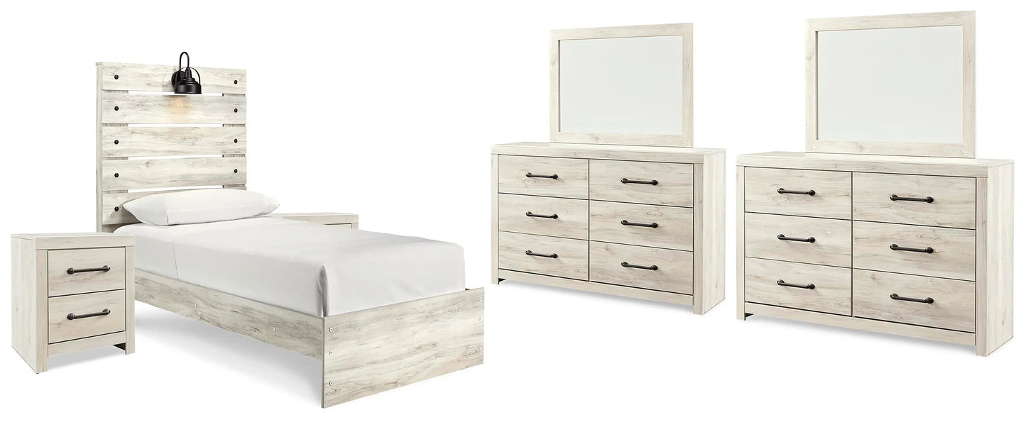 Cama doble Cambeck con dos paneles, dos cómodas, dos espejos y dos mesitas de noche