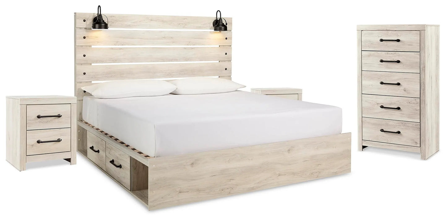 Cama King Cambeck con paneles, espacio de almacenamiento, cómoda y dos mesitas de noche