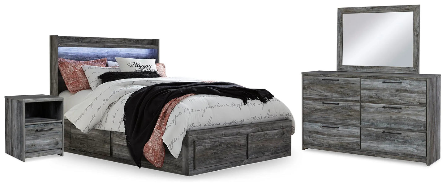 Cama Queen Baystorm con dos compartimentos laterales, tocador, espejo y mesita de noche