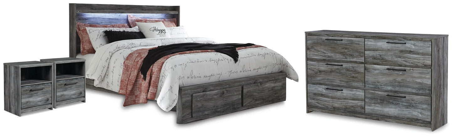 Cama King Baystorm con almacenaje, cómoda y dos mesitas de noche
