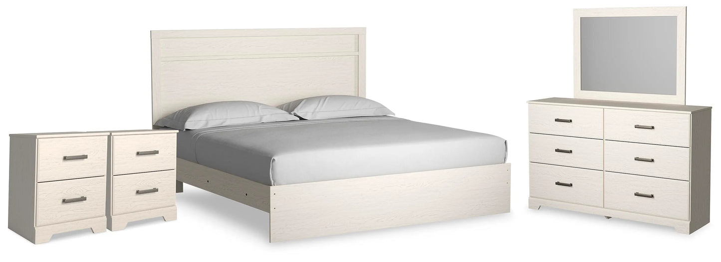 Cama King Stelsie con paneles, tocador, espejo y mesita de noche