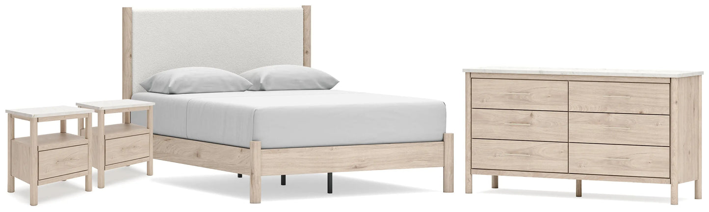 Cama Queen Cadmori con paneles, cómoda y dos mesitas de noche