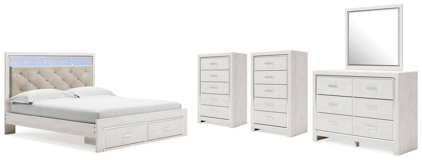 Cama King Altyra con almacenaje, tocador, espejo y dos cómodas