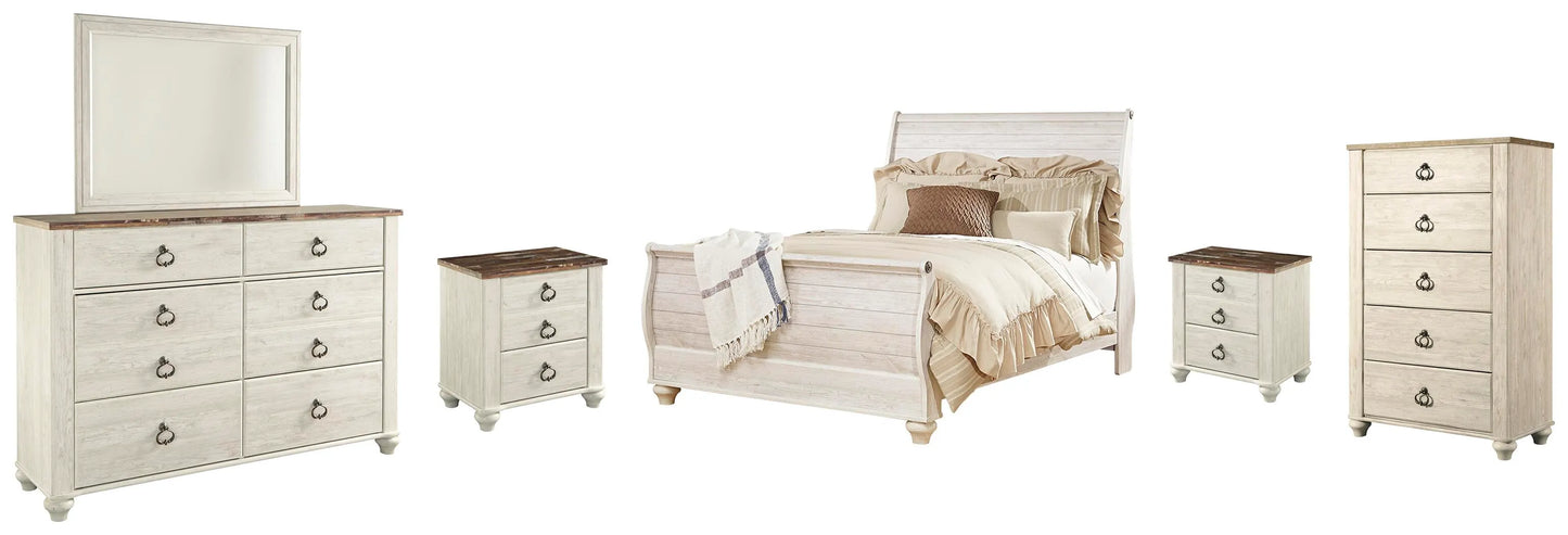 Cama Willowton Queen tipo trineo, tocador, espejo, cómoda y dos mesitas de noche