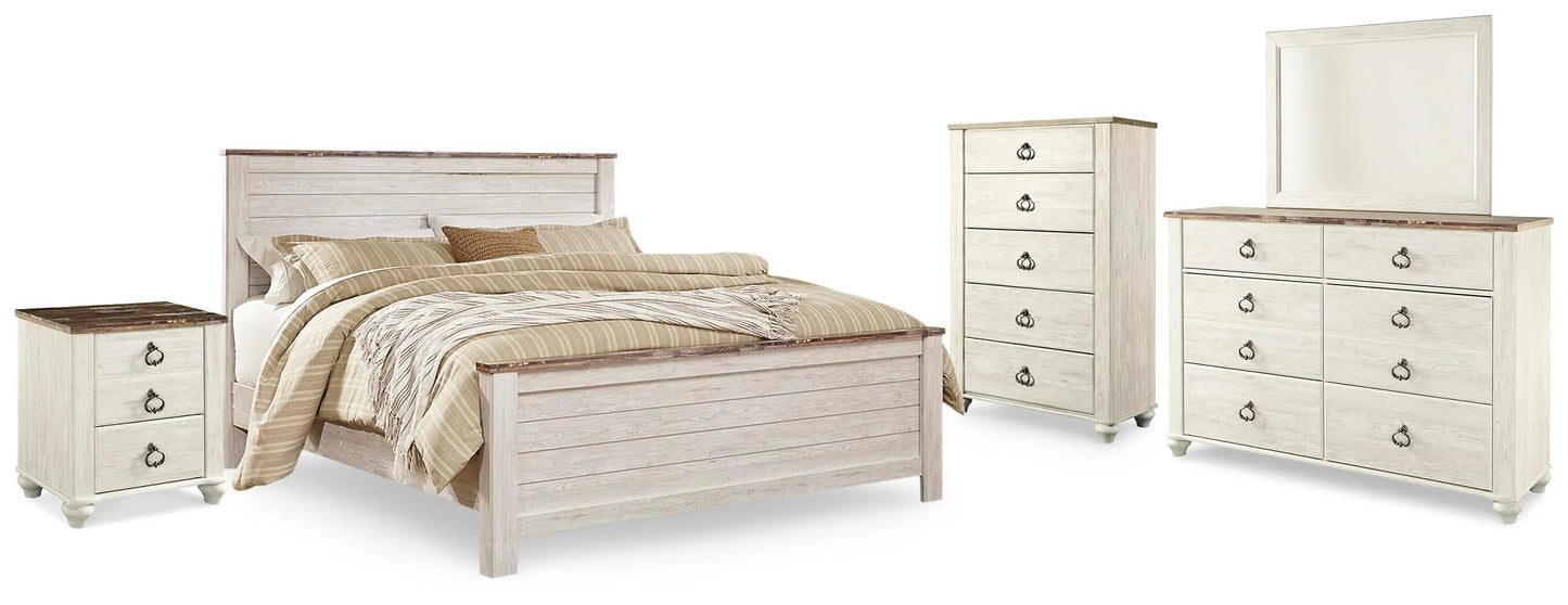 Willowton King Panel Bed, Dresser, Mirror, Chest and Nightstand
