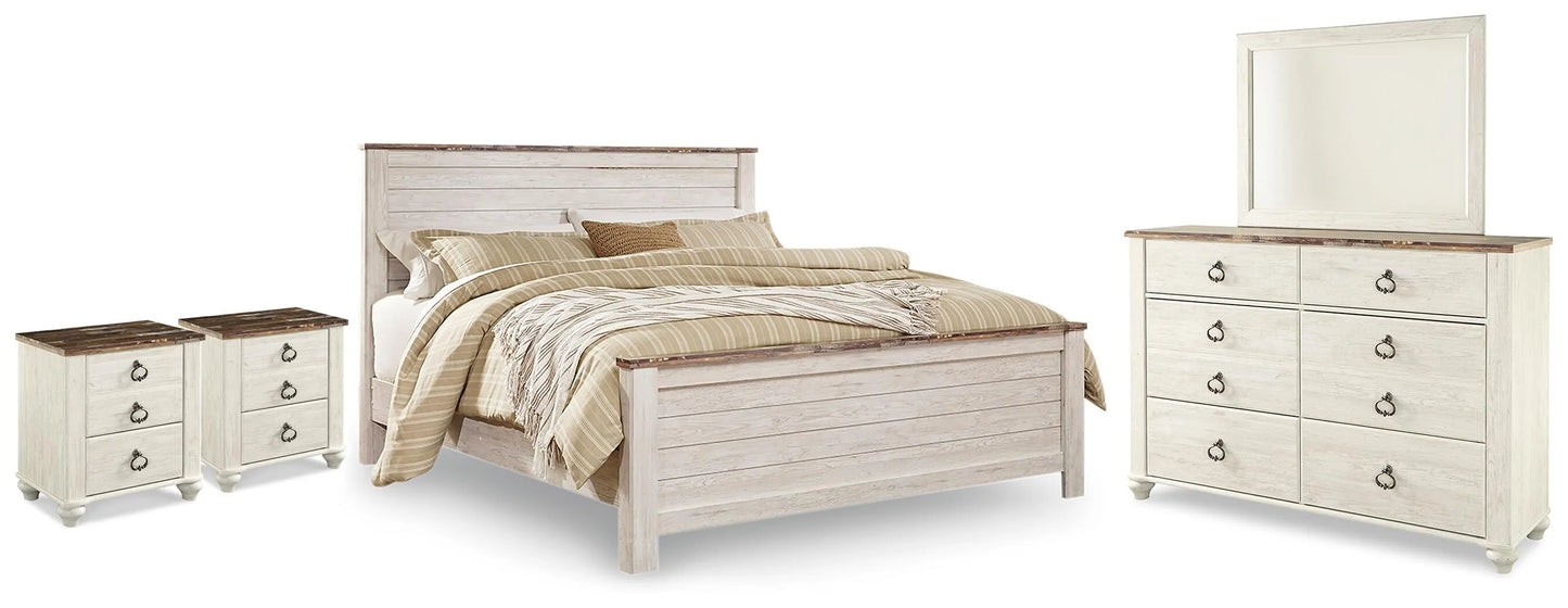 Willowton King Panel Bed, Dresser, Mirror and 2 Nightstands