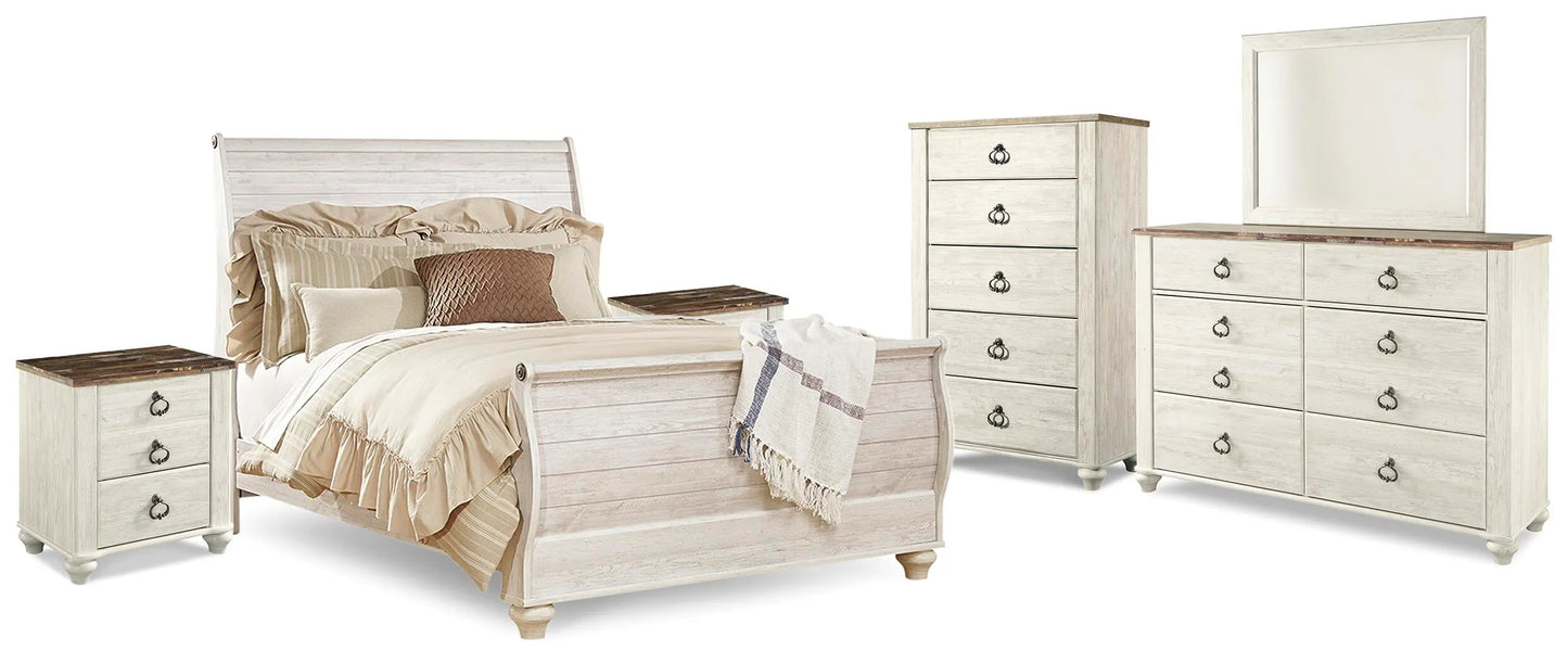 Cama Willowton Queen tipo trineo, 2 tocadores, espejo, cómoda y 2 mesitas de noche
