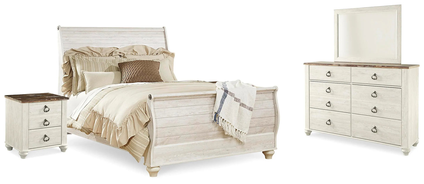Cama Willowton Queen tipo trineo, tocador, espejo y dos mesitas de noche