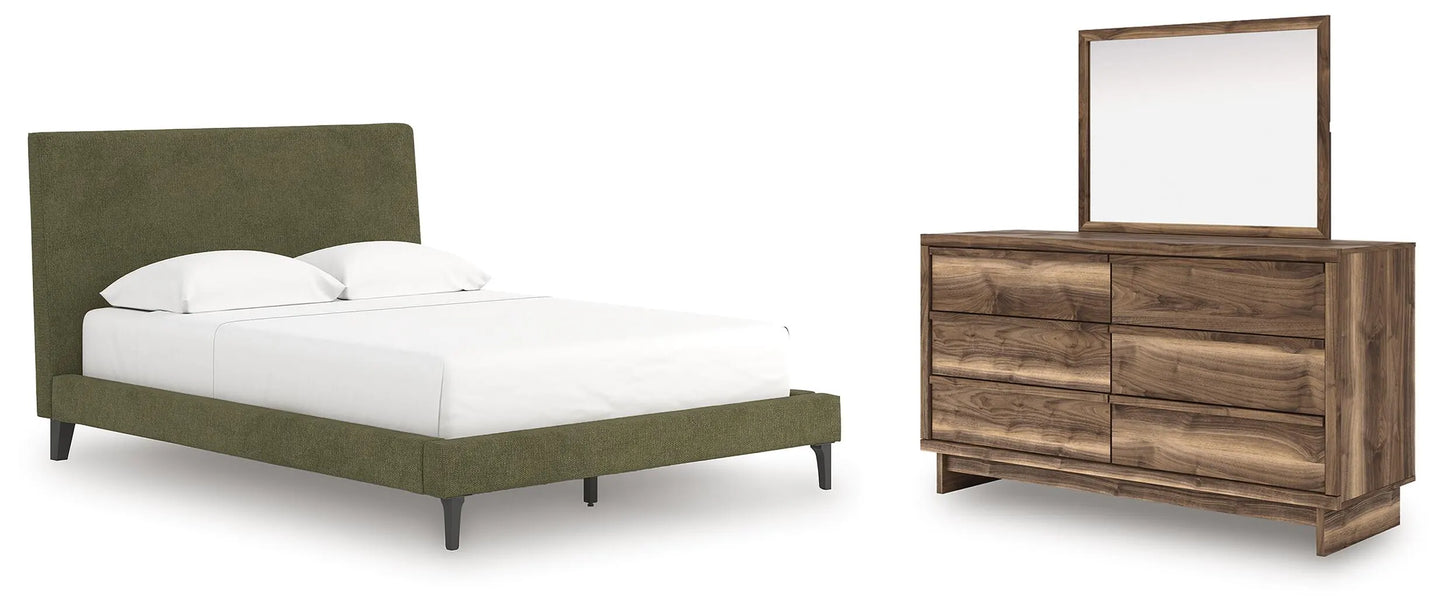Zadilyn Queen Upholstered Bed, Dresser and Mirror