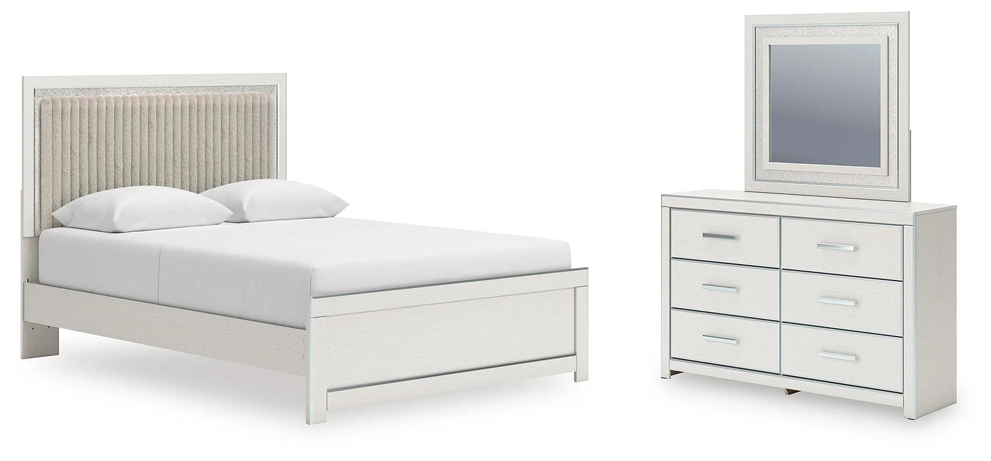 Birmonton Queen Upholstered Panel Platform Bed, Dresser and Mirror