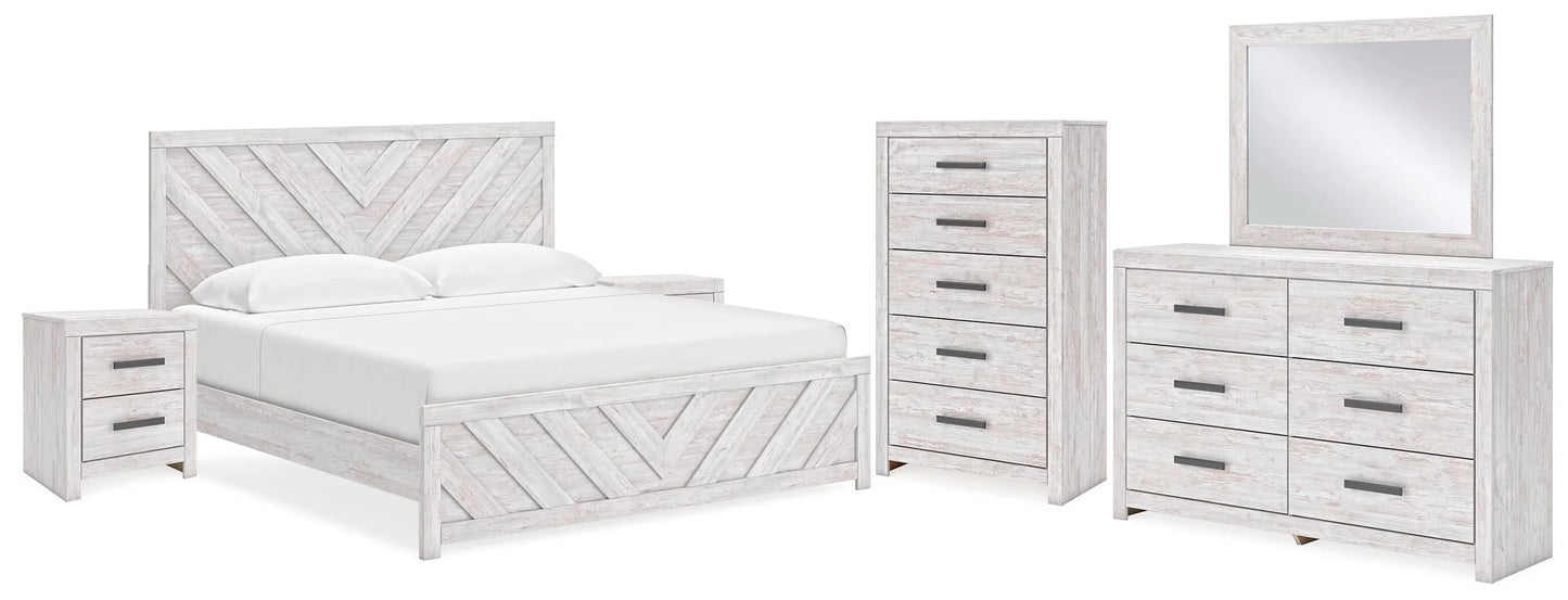 Cama Cayboni King con paneles, tocador, espejo, cómoda y dos mesitas de noche