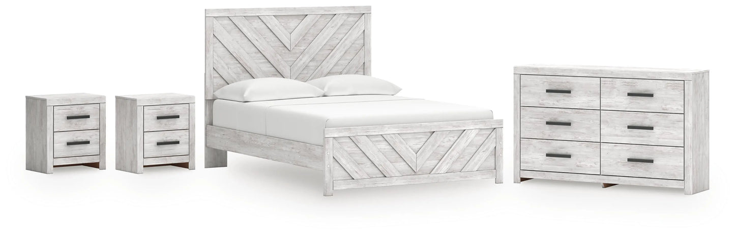 Cama Queen Cayboni con paneles, cómoda y dos mesitas de noche