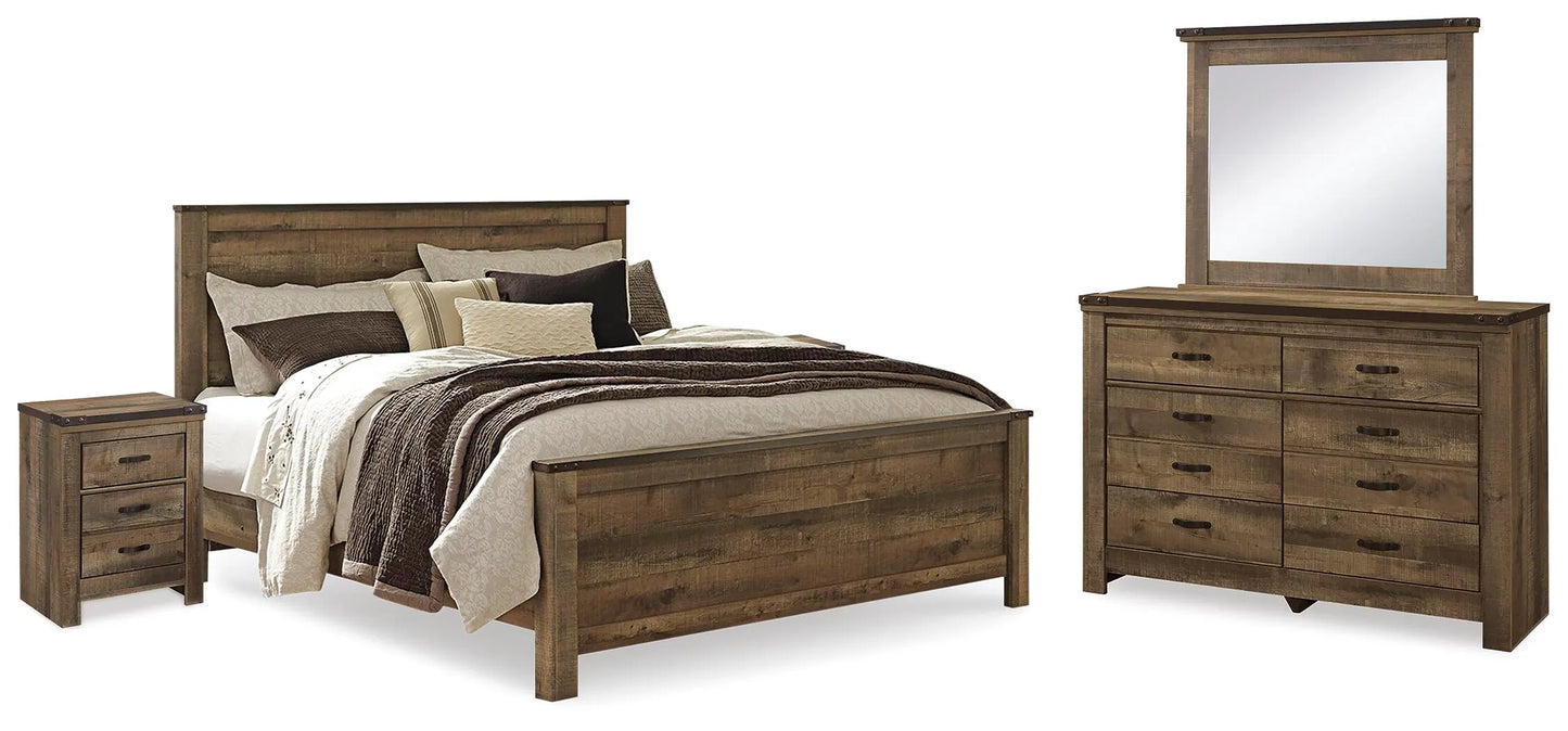 Cama King Trinell con paneles, cómoda, espejo y dos mesitas de noche