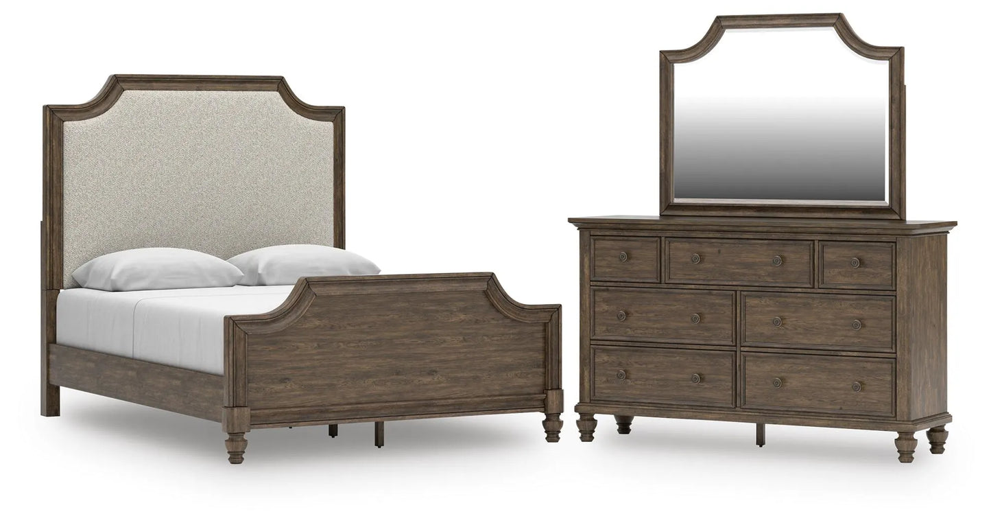 Veramond Queen Upholstered Panel Bed, Dresser and Mirror