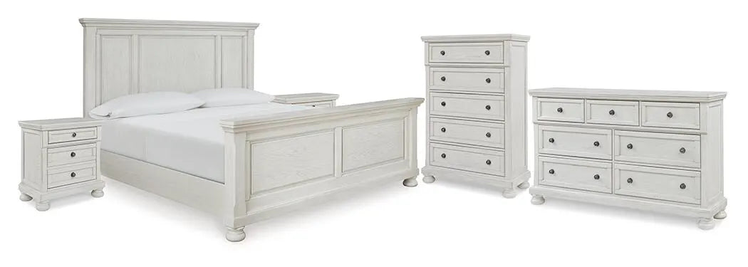 Cama Queen Robbinsdale con paneles, cómoda, arcón y dos mesitas de noche