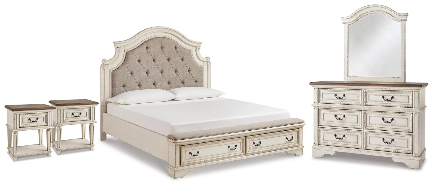 Cama King con almacenamiento, tocador, espejo y dos mesitas de noche Realyn