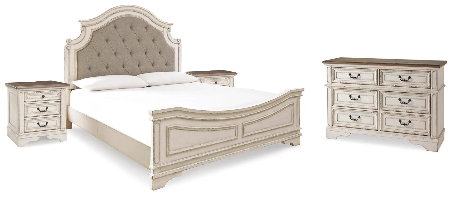 Cama King con paneles Realyn, cómoda y dos mesitas de noche