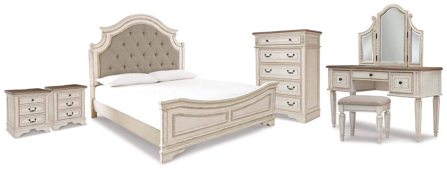 Cama King con paneles Realyn, tocador, cómoda y dos mesitas de noche