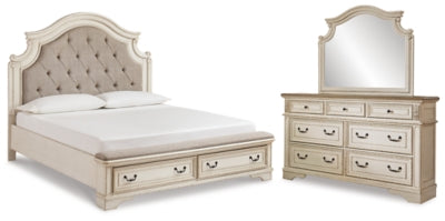 Cama tapizada Realyn King con tocador y espejo