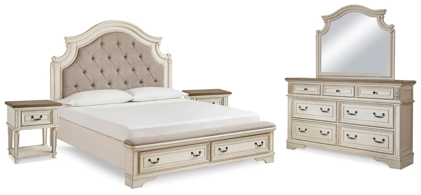 Cama King con paneles Realyn, tocador, espejo y dos mesitas de noche