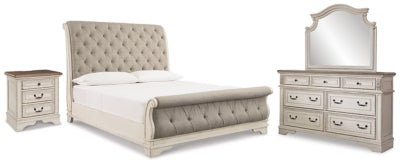 Cama tipo trineo Realyn King, espejo de tocador y mesita de noche