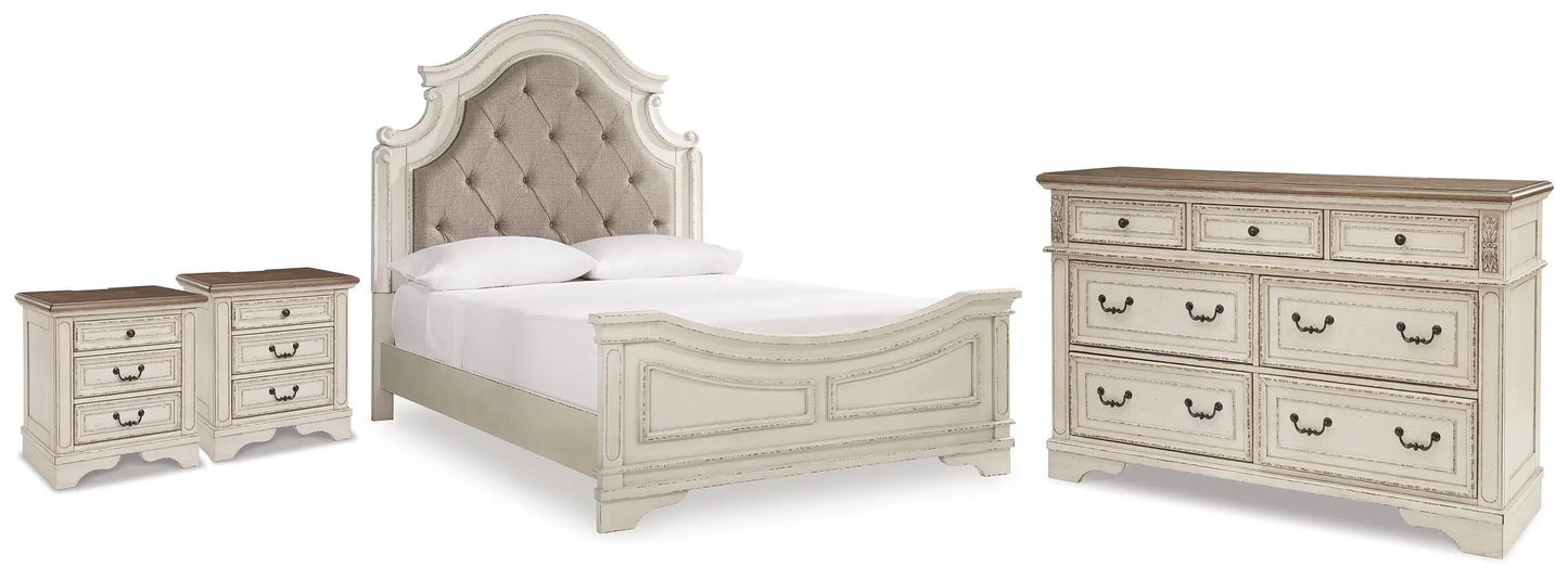 Cama Queen Realyn con paneles tapizados, cómoda y dos mesitas de noche
