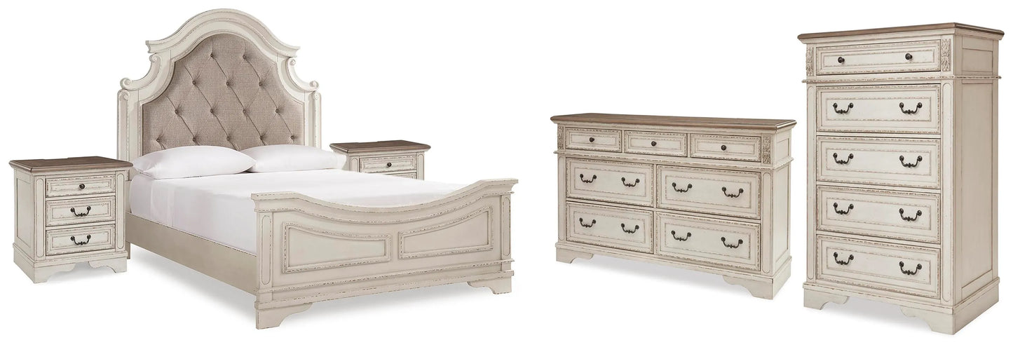 Cama Queen con paneles Realyn, cómoda, arcón y dos mesitas de noche