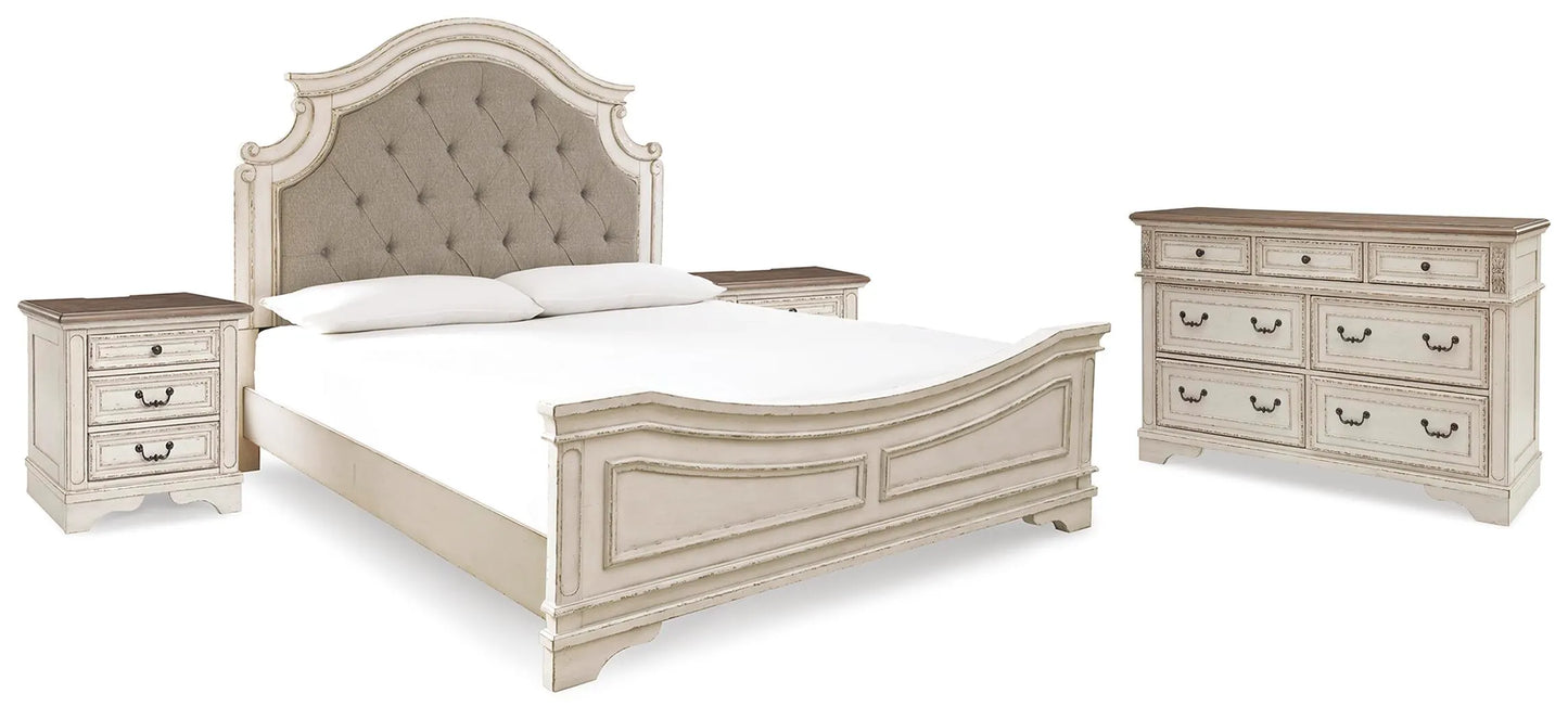 Cama King Realyn, cómoda y dos mesitas de noche