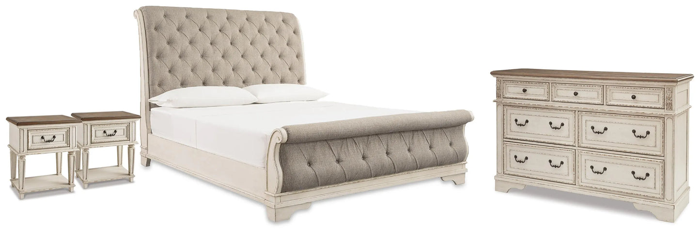 Cama Queen tapizada tipo trineo Realyn, cómoda y dos mesitas de noche