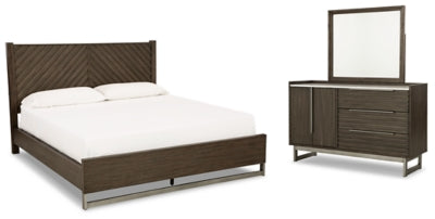 Cama Queen Arkenton con paneles, cómoda y espejo
