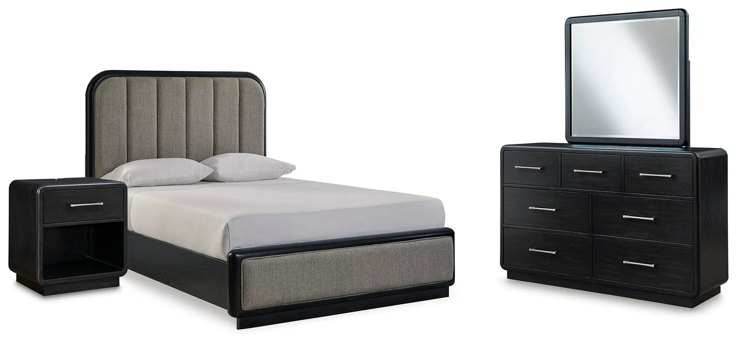 Rowanbeck Queen Upholstered Panel Bed, Dresser, Mirror and Nightstand