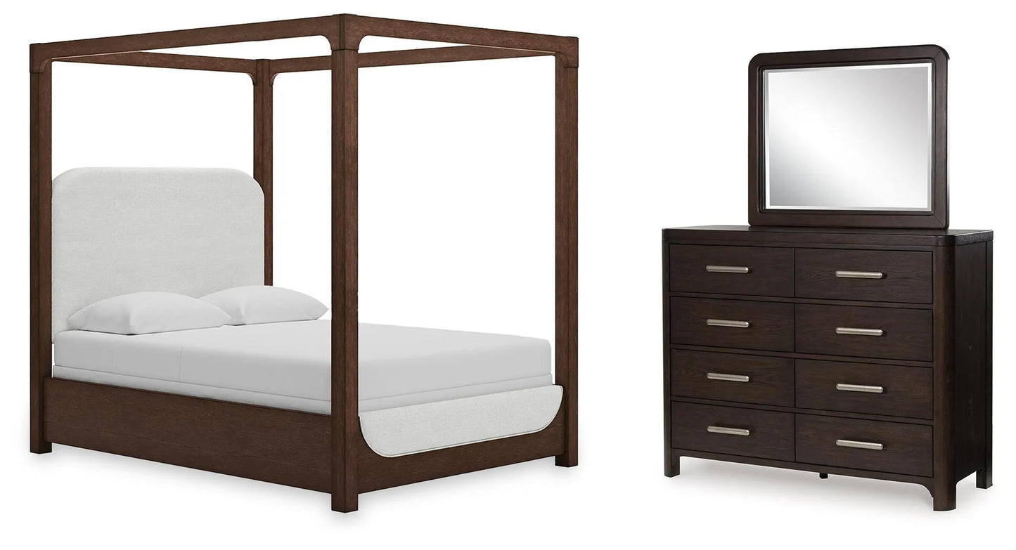Breckington Queen Upholstered Canopy Bed, Dresser and Mirror