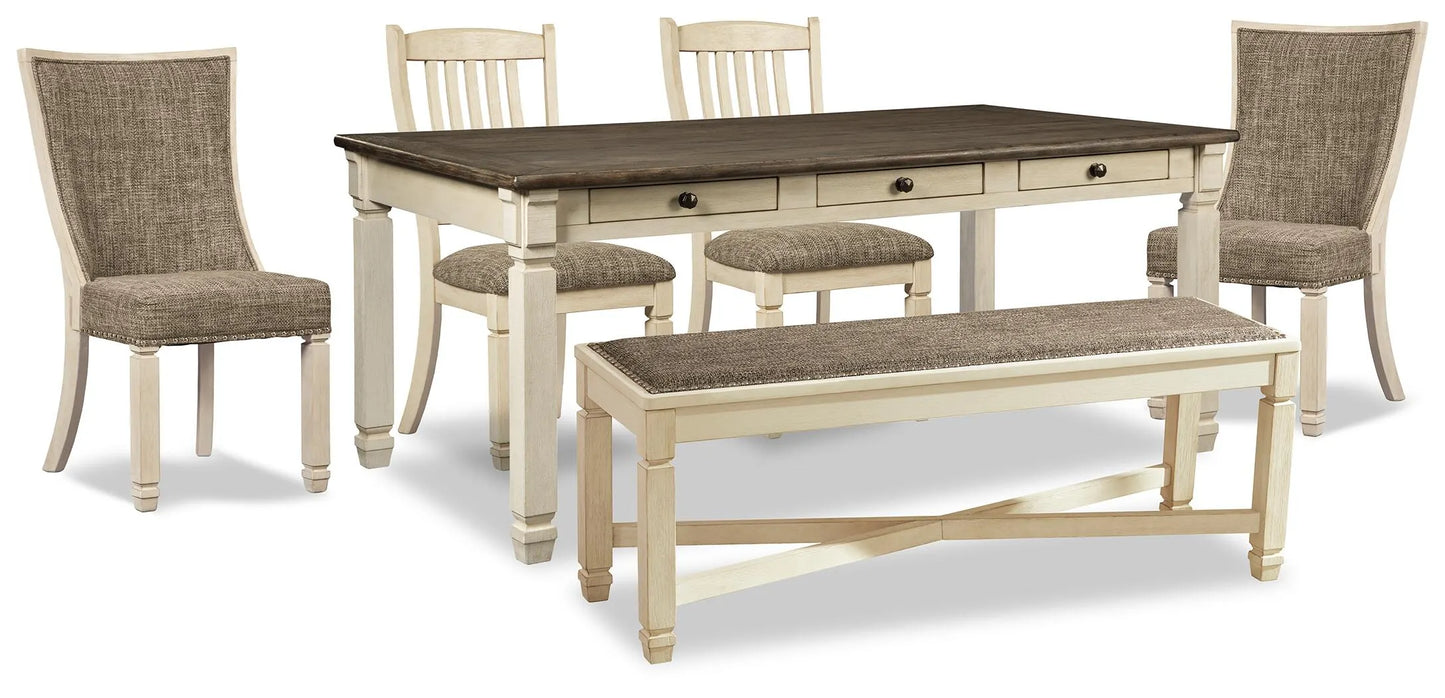 Mesa de comedor Bolanburg, 4 sillas y banco