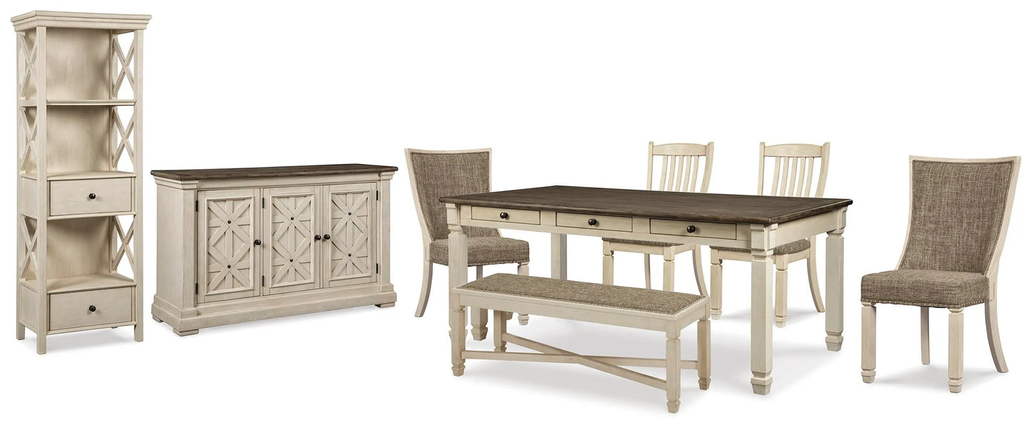 Mesa de comedor Bolanburg, 4 sillas, banco, mueble de servicio y vitrina