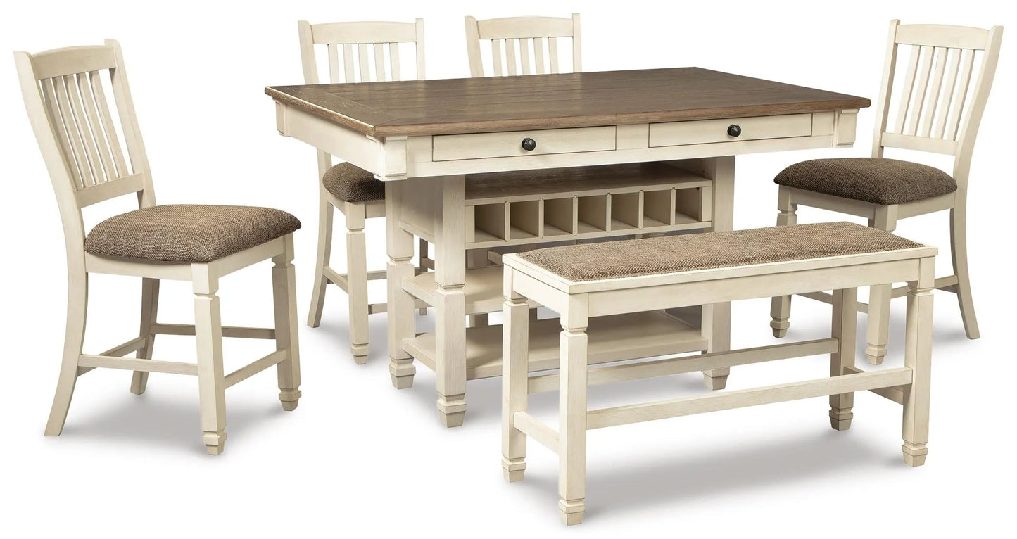 Mesa de comedor de altura de mostrador Bolanburg, 4 taburetes y banco